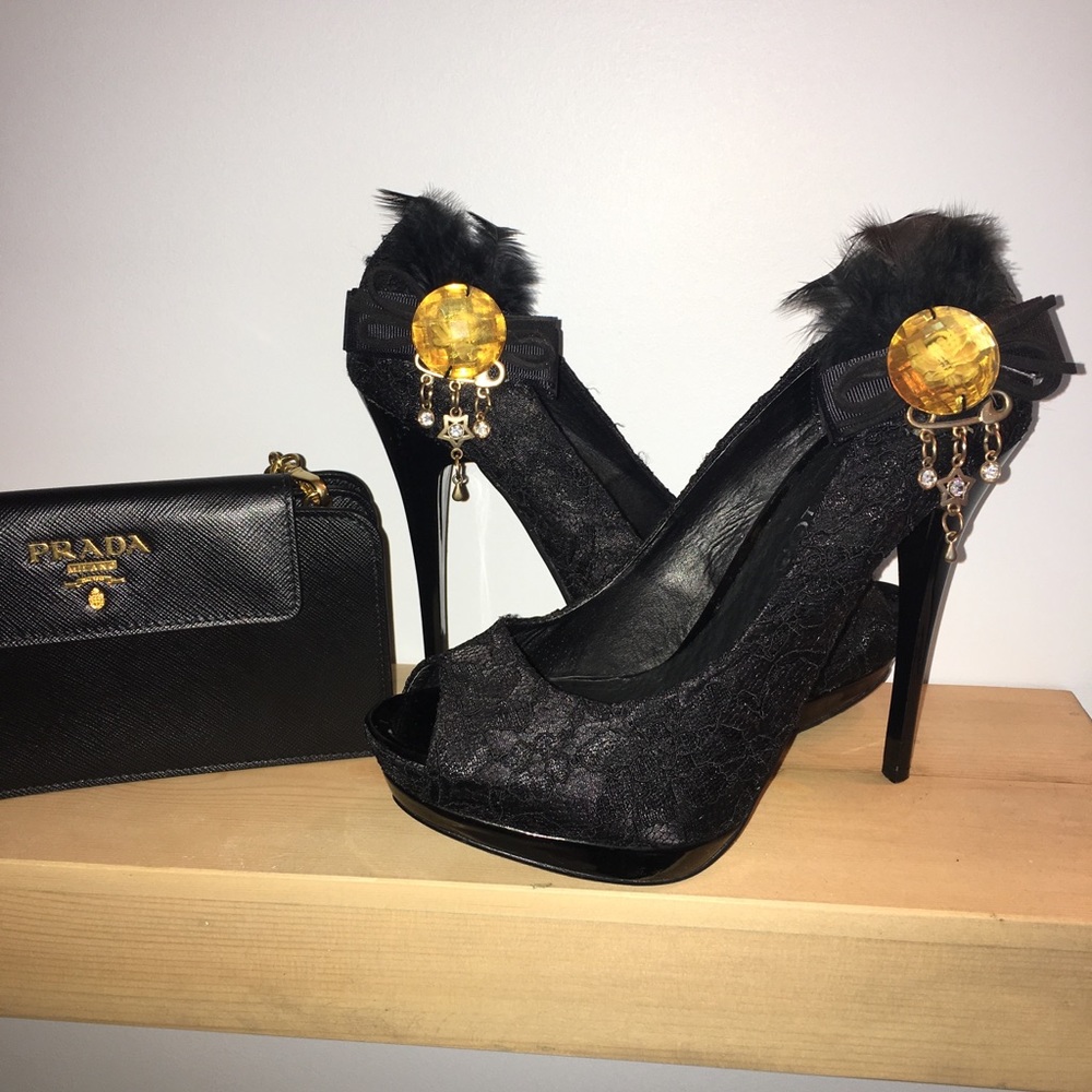 Black Lace Feather Stilettos with Bow and Charms